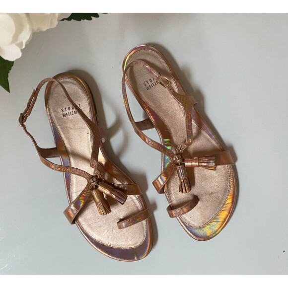 Stuart Weitzman Flapper Holographic sandals Size 8 Tassel‎ Metallic Rose Gold - Picture 2 of 11